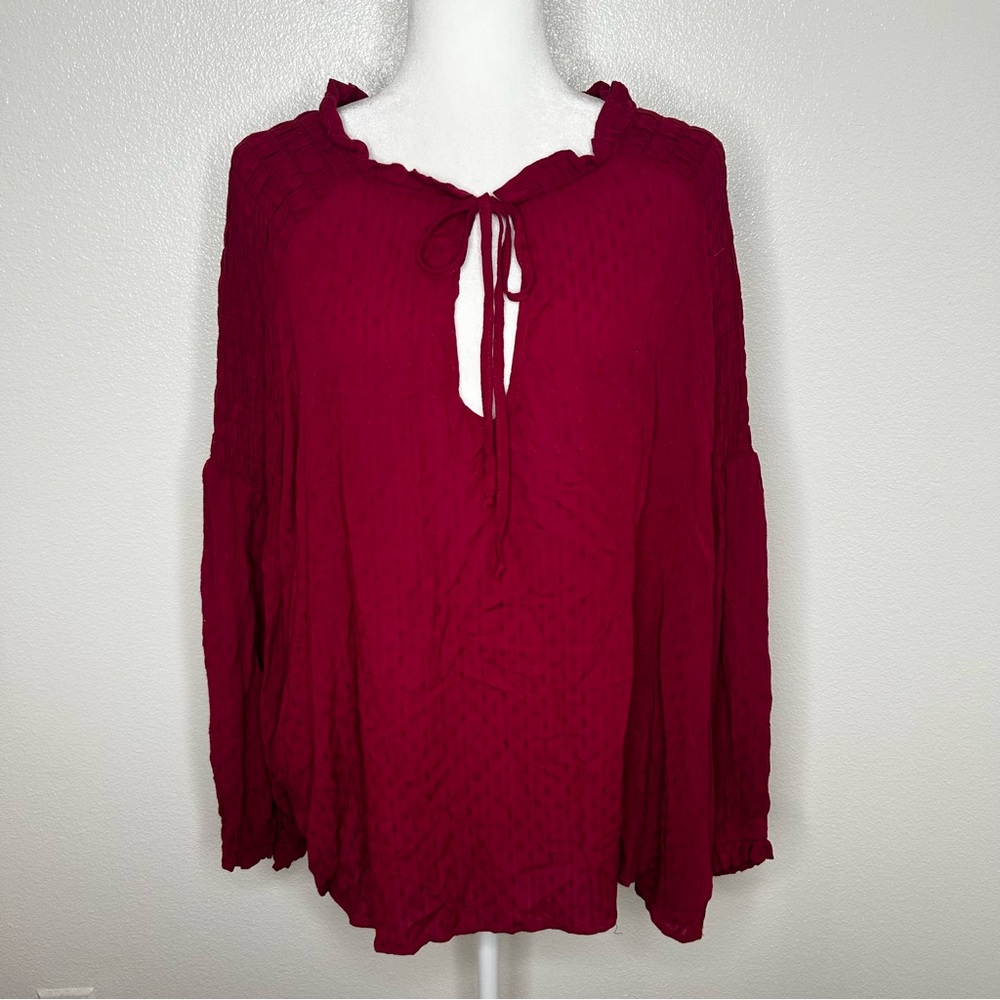 New Susina Womens Burgundy Red Long Sleeve Tie-Neck Top Size 1X NWT